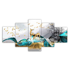 Golden Deer & Blue Waves 5-Piece Wall Art Set