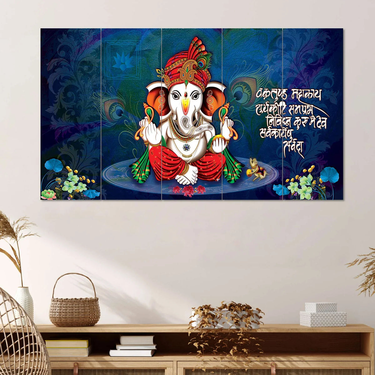 Royal Blue Lord Ganesha 5-Piece Wall Art Set with Sanskrit Shloka