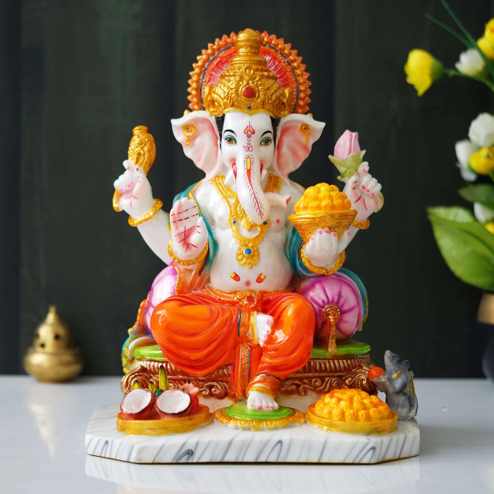 13 Inch White Marble Dust Ganesha Statue - TN Creations