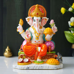 13 Inch White Marble Dust Ganesha Statue - TN Creations