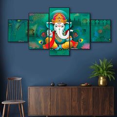 Vibrant Green Lord Ganesha 5-Piece Wall Art Set