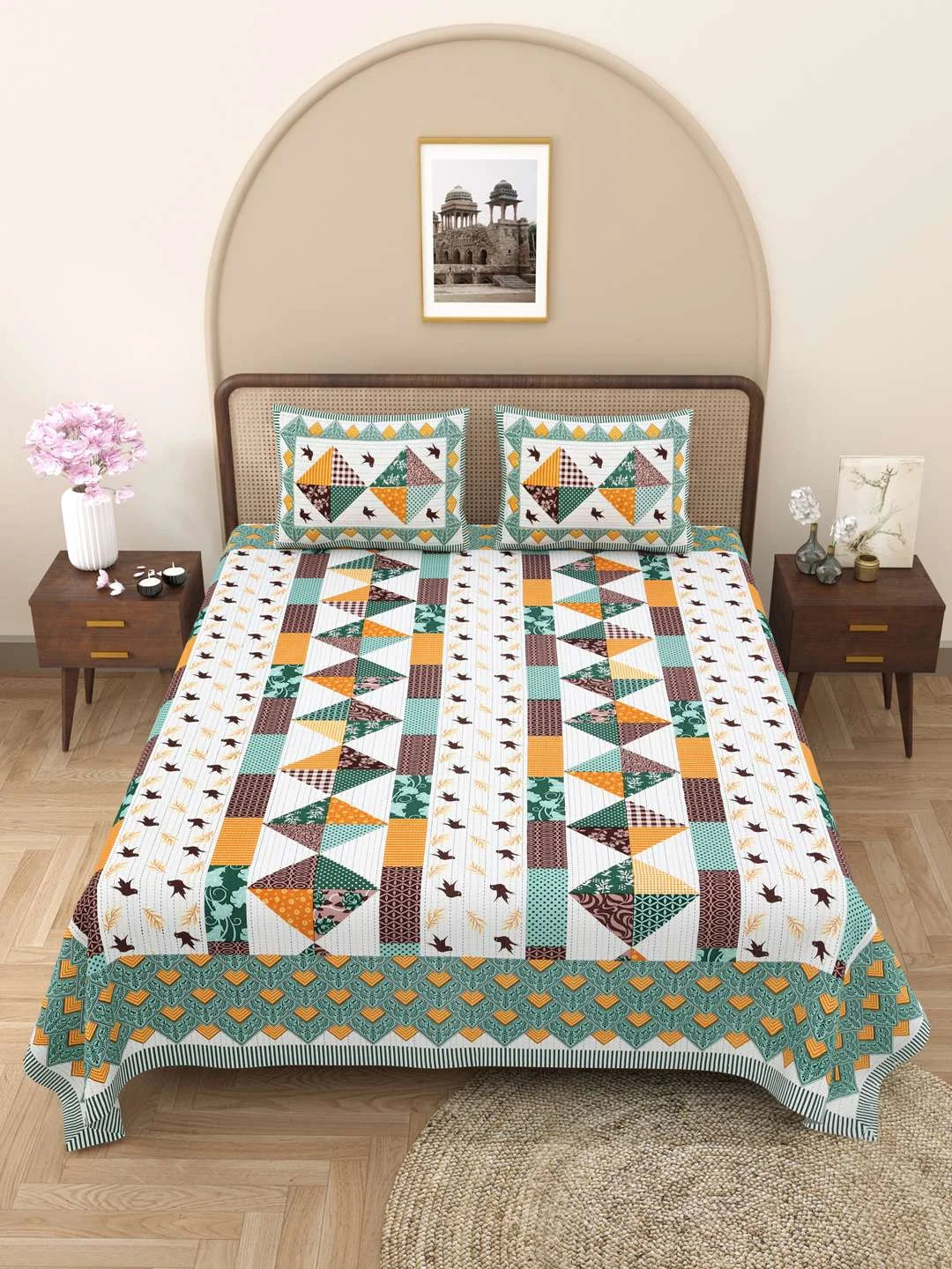 100% Pure Cotton Traditional Printed Bedsheet for Double Bed King Size Bedsheet with 2 Pillow Covers - TN Creations